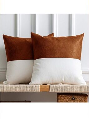 Set of Two Faux Leather and Canvas Color Block Pillow Covers